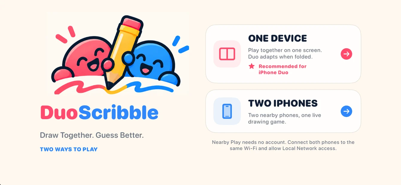 DuoScribble main menu with one device and two iPhones options