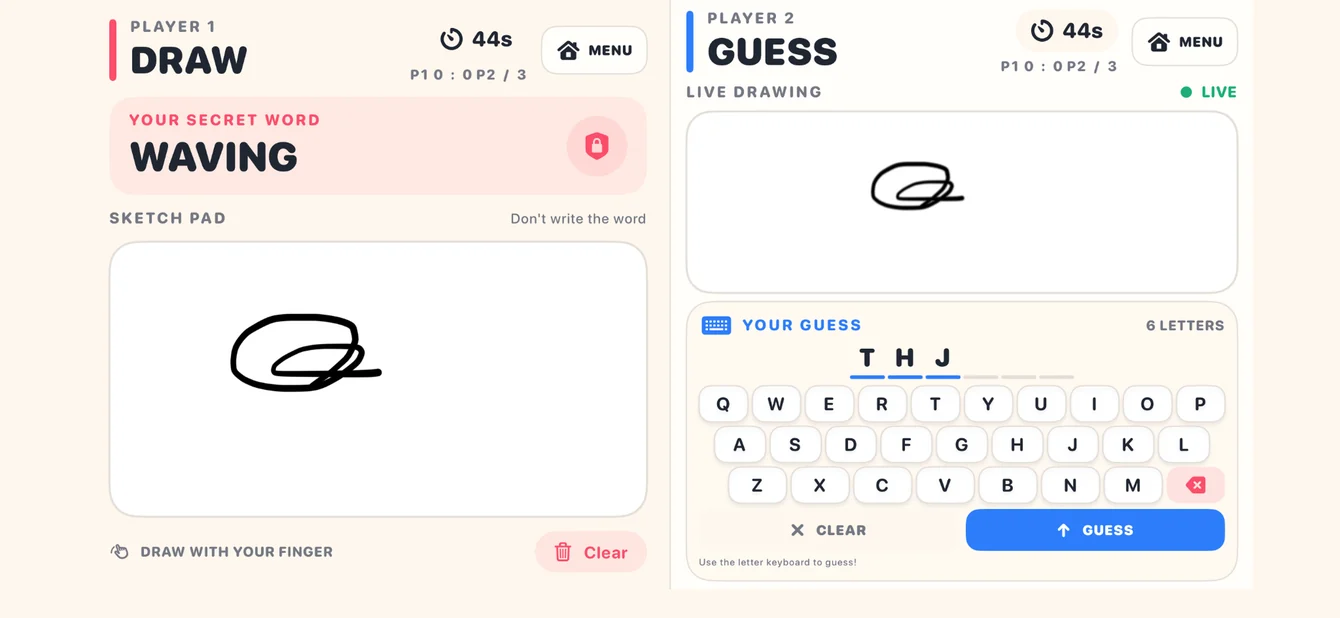 Live drawing and on-screen guessing keyboard