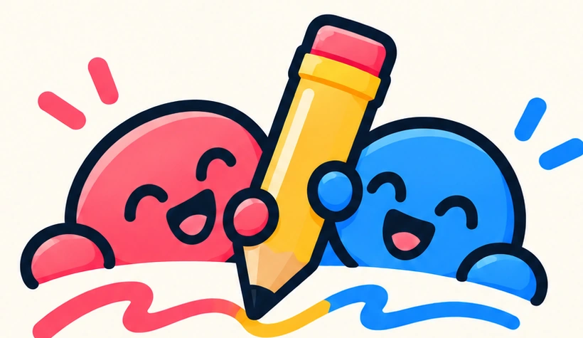 DuoScribble’s cheerful pink and blue characters sharing a yellow pencil